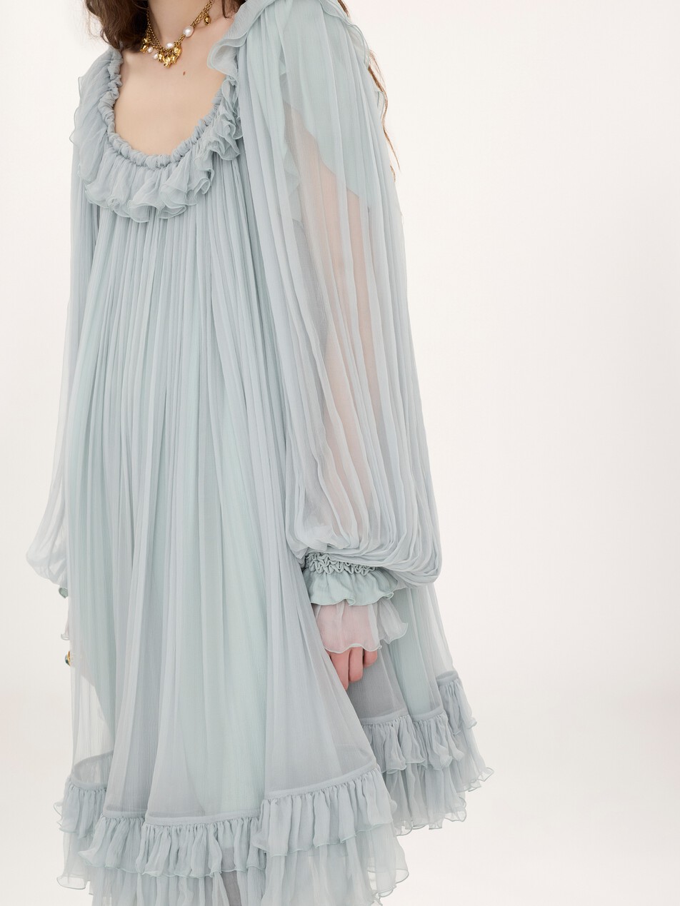 Gathered mini dress in silk mousseline