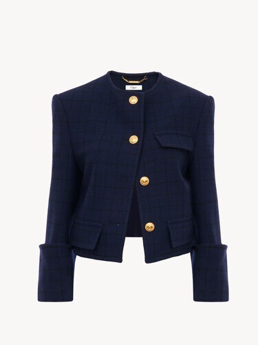 Boxy collarless jacket in wool check - 2