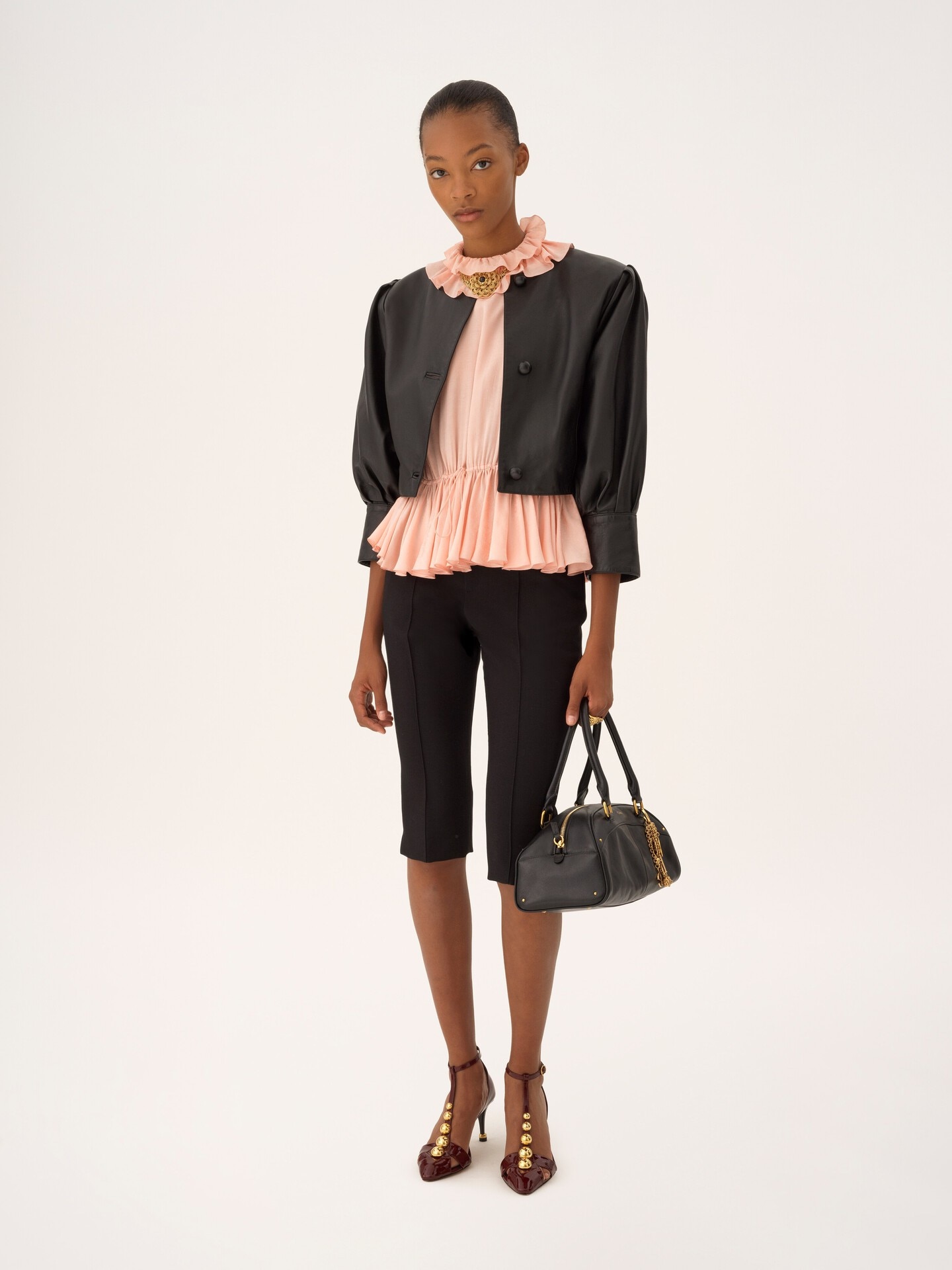 Cropped collarless jacket in leather - 1.0