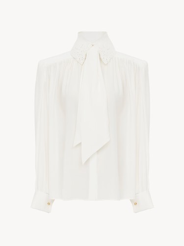 Gathered scarf-tie blouse in cr&ecirc;pe de chine & lace - 2