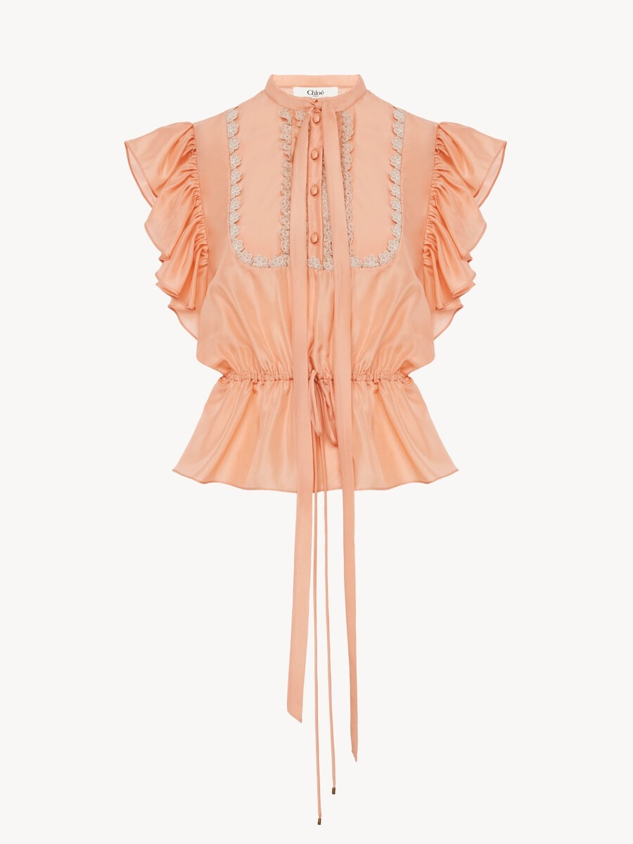 Short-sleeve ruffle top in washed silk habotai & lace - 2