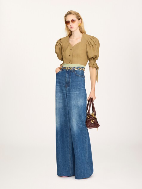 Puff-sleeve cropped top in cotton poplin