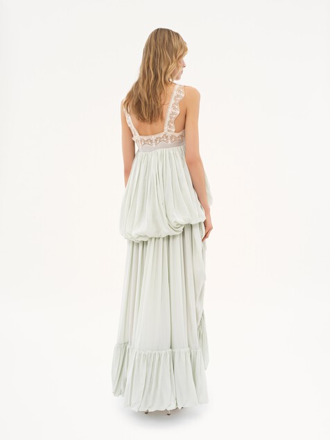 High-low ruffled dress in silk habotai & lace