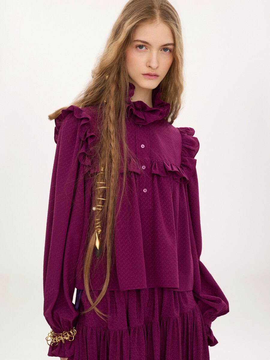 Ruffled high-neck top in silk jacquard - 3