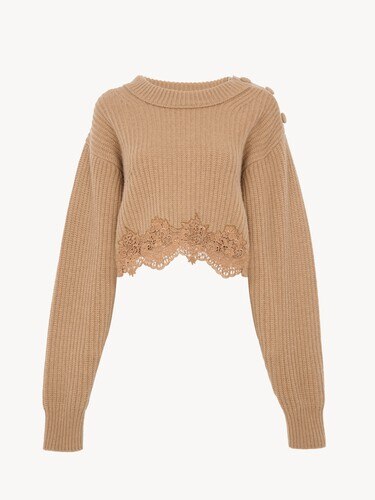 Cropped mock-neck sweater in a wool and cashmere knit & lace - 2