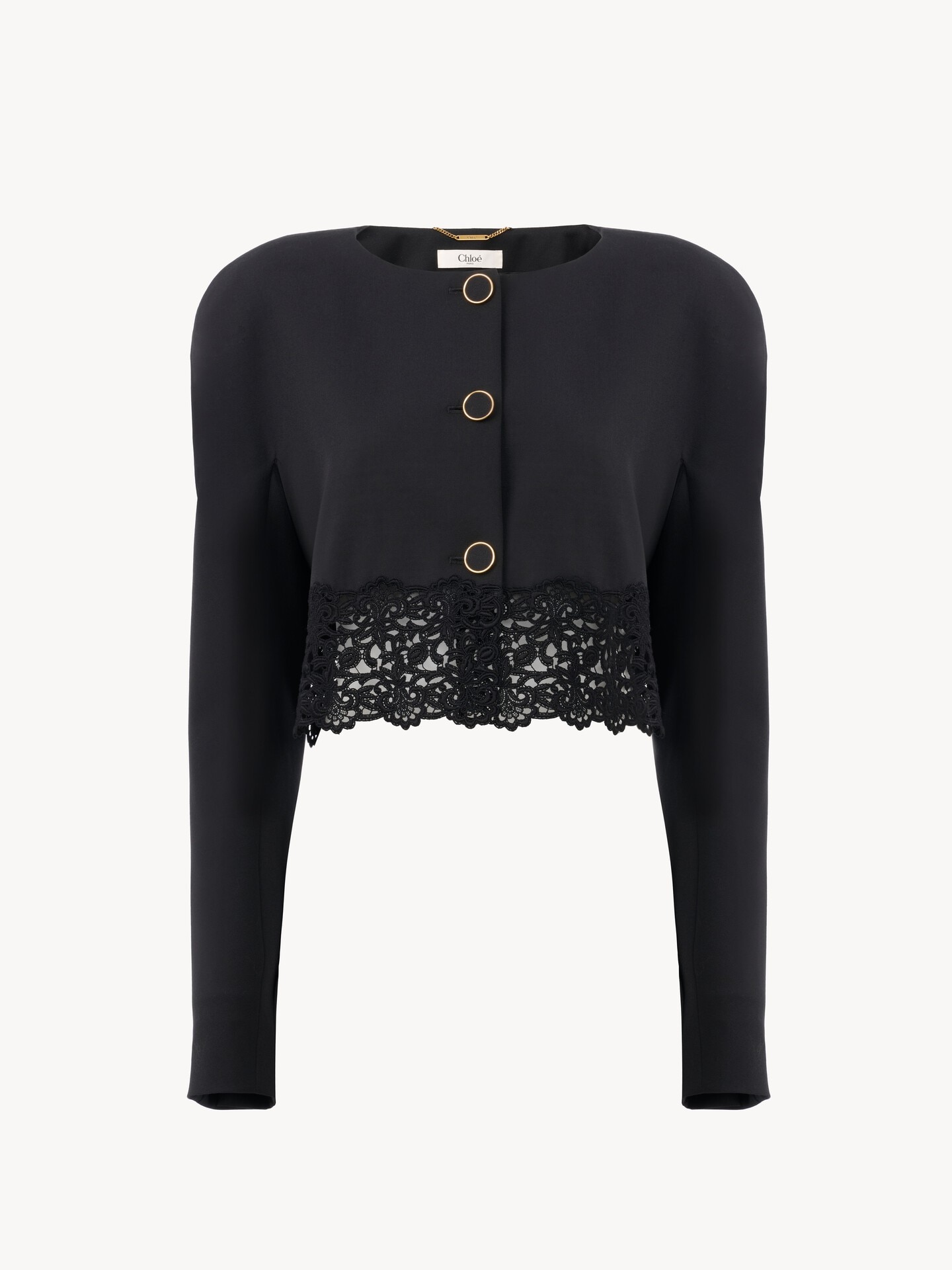 Collarless cropped jacket in wool grain de poudre & lace - 2.0
