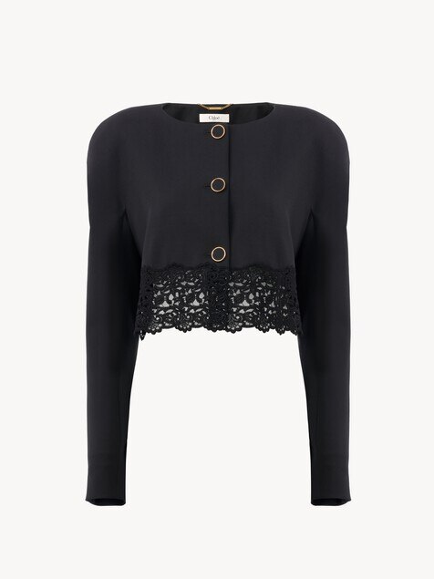 Collarless cropped jacket in wool grain de poudre & lace