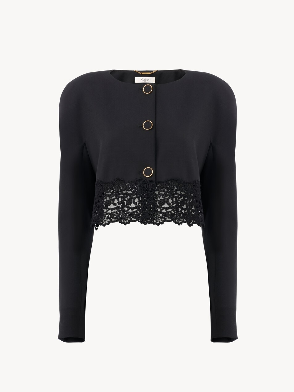 Collarless cropped jacket in wool grain de poudre & lace