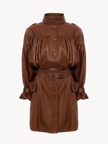 High-neck puff-sleeve coat in leather - 1