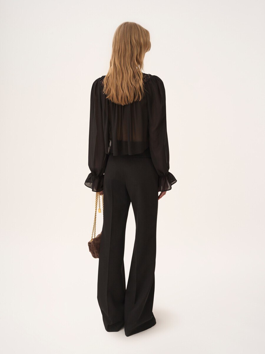 Top cropped de cuello redondo de georgette de seda y encaje - 5