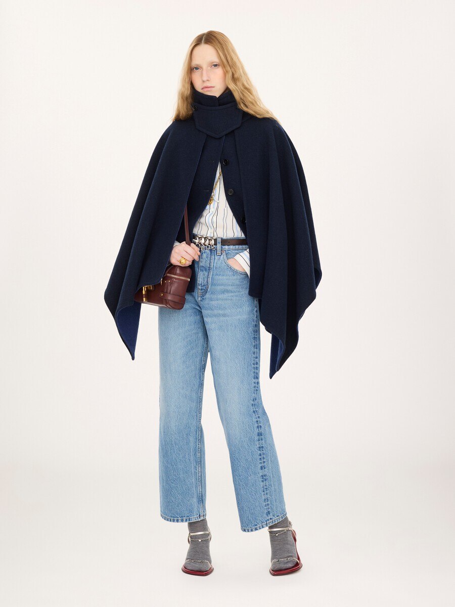 Manteau cape court col montant en laine lav&eacute;e double face - 1