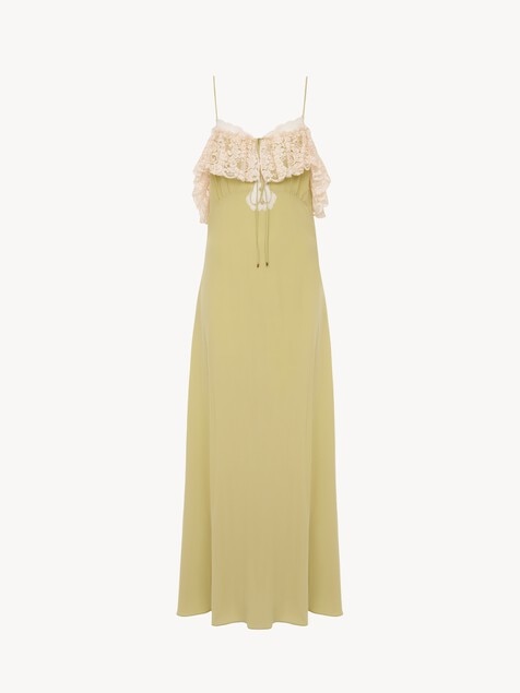 Thin-strap long dress in cr&ecirc;pe de chine & lace