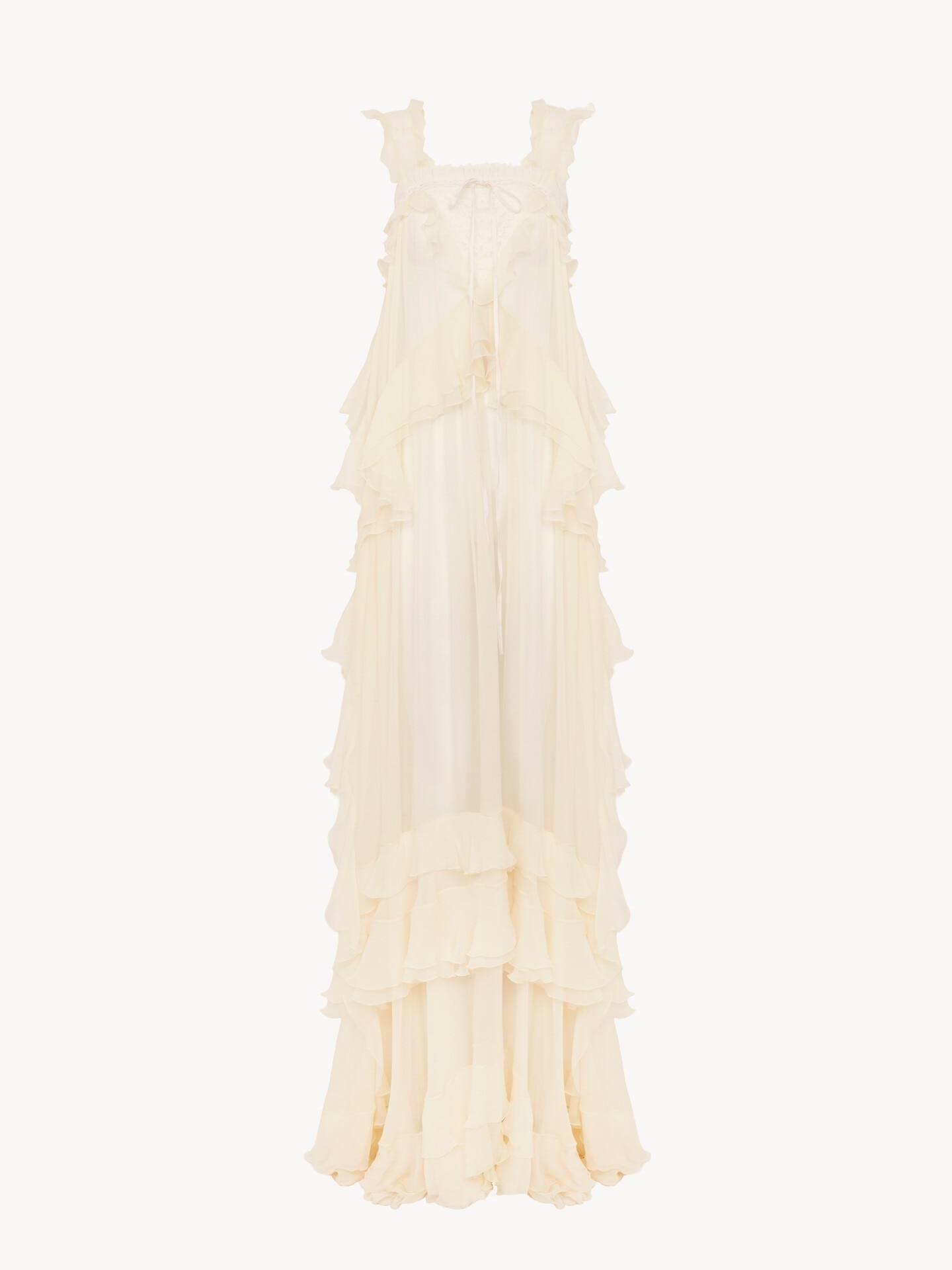 Sleeveless layered long dress in silk mousseline & lace - 2.0