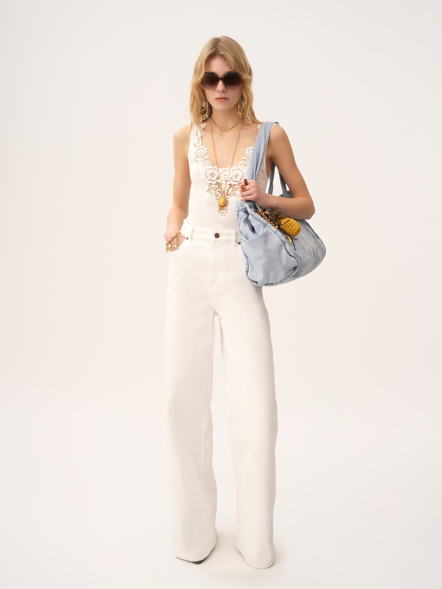 Fitted tank top in cotton jersey & guipure - 1