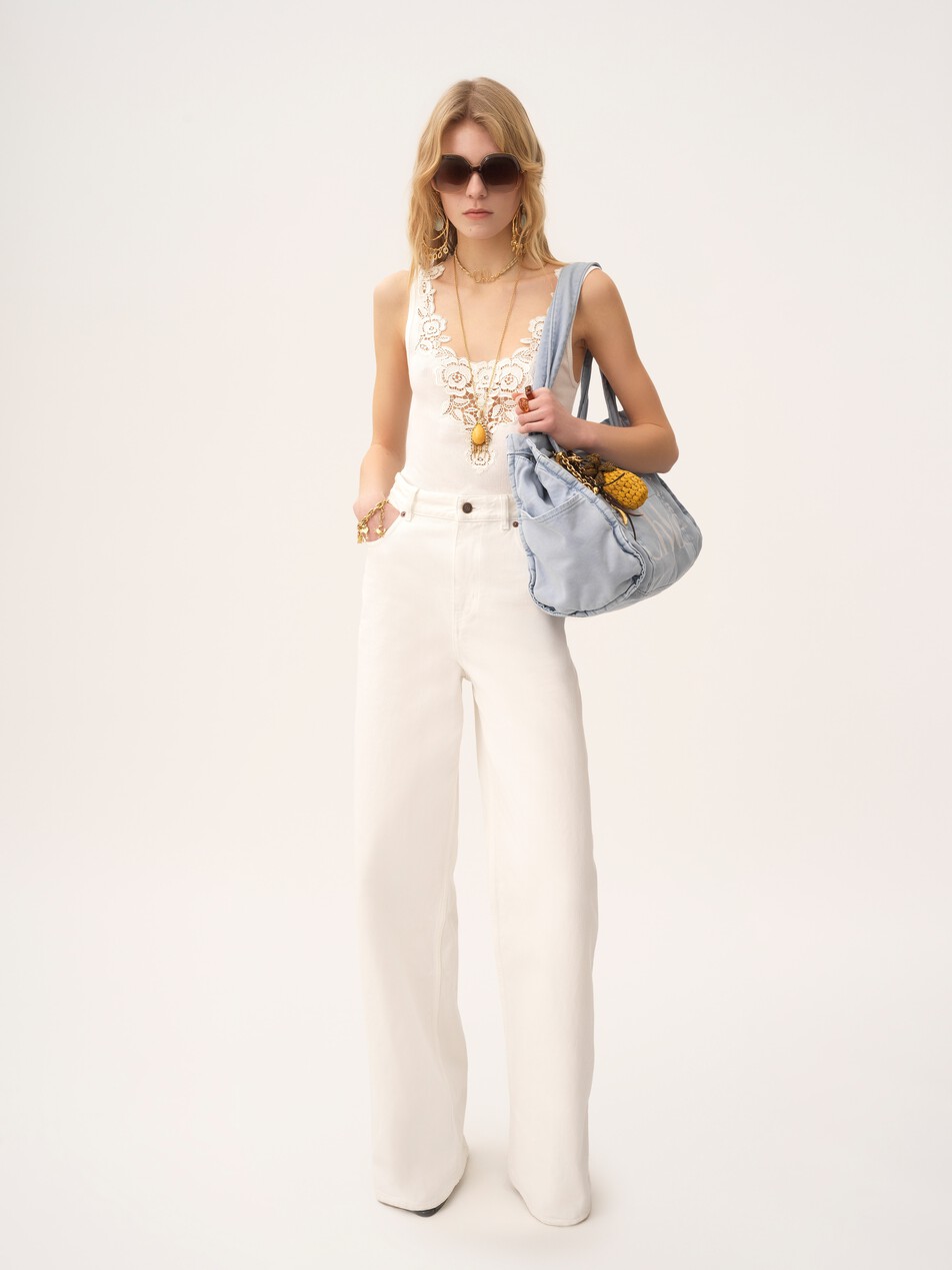 Fitted tank top in cotton jersey & guipure