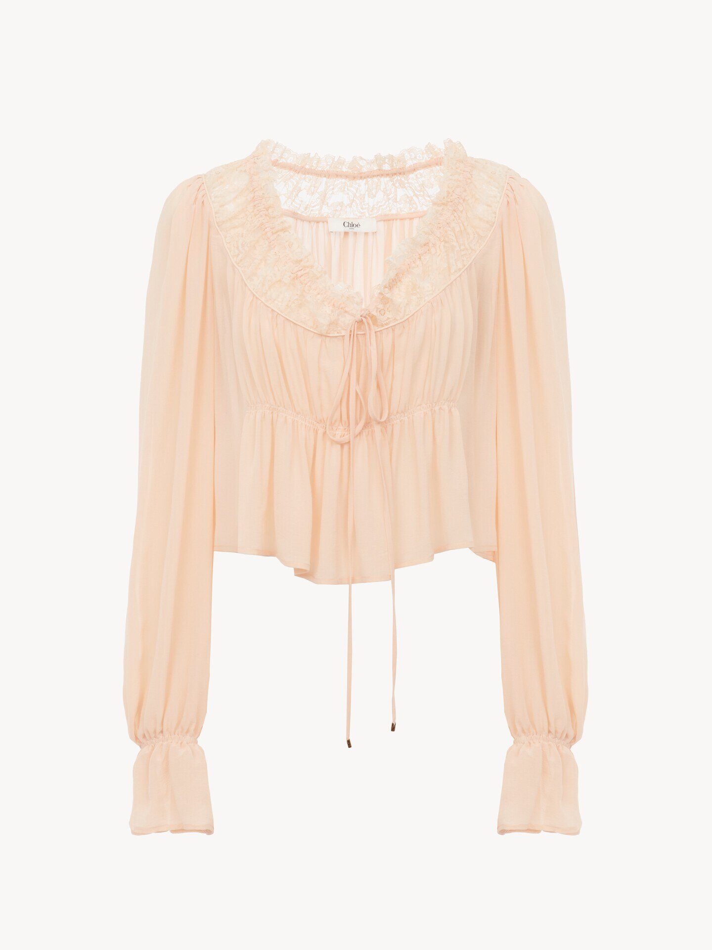 Scoop-neck cropped top in silk georgette & lace - 2.0