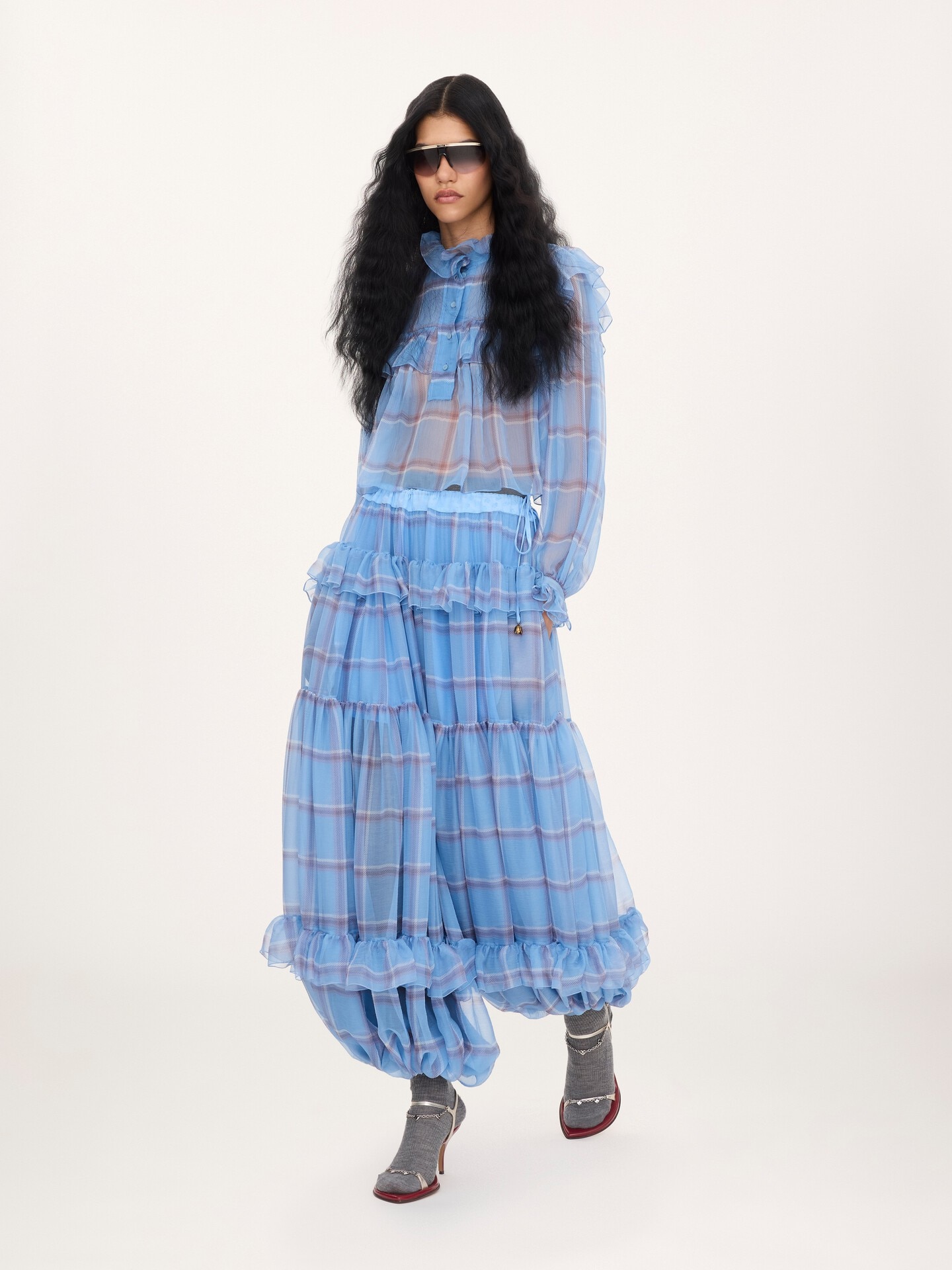 Fluid pleated pants in check silk mousseline - 1.0