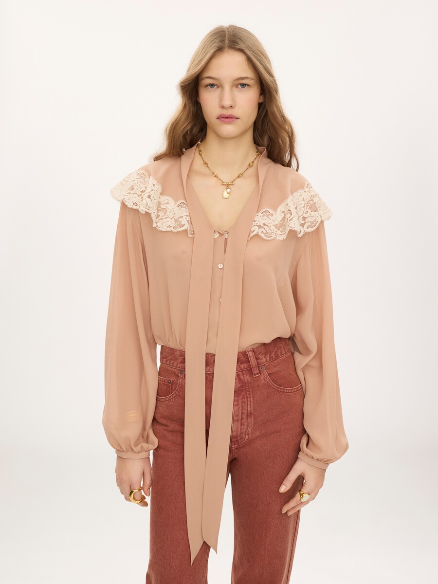 Tie-front gathered blouse in silk georgette & lace - 4