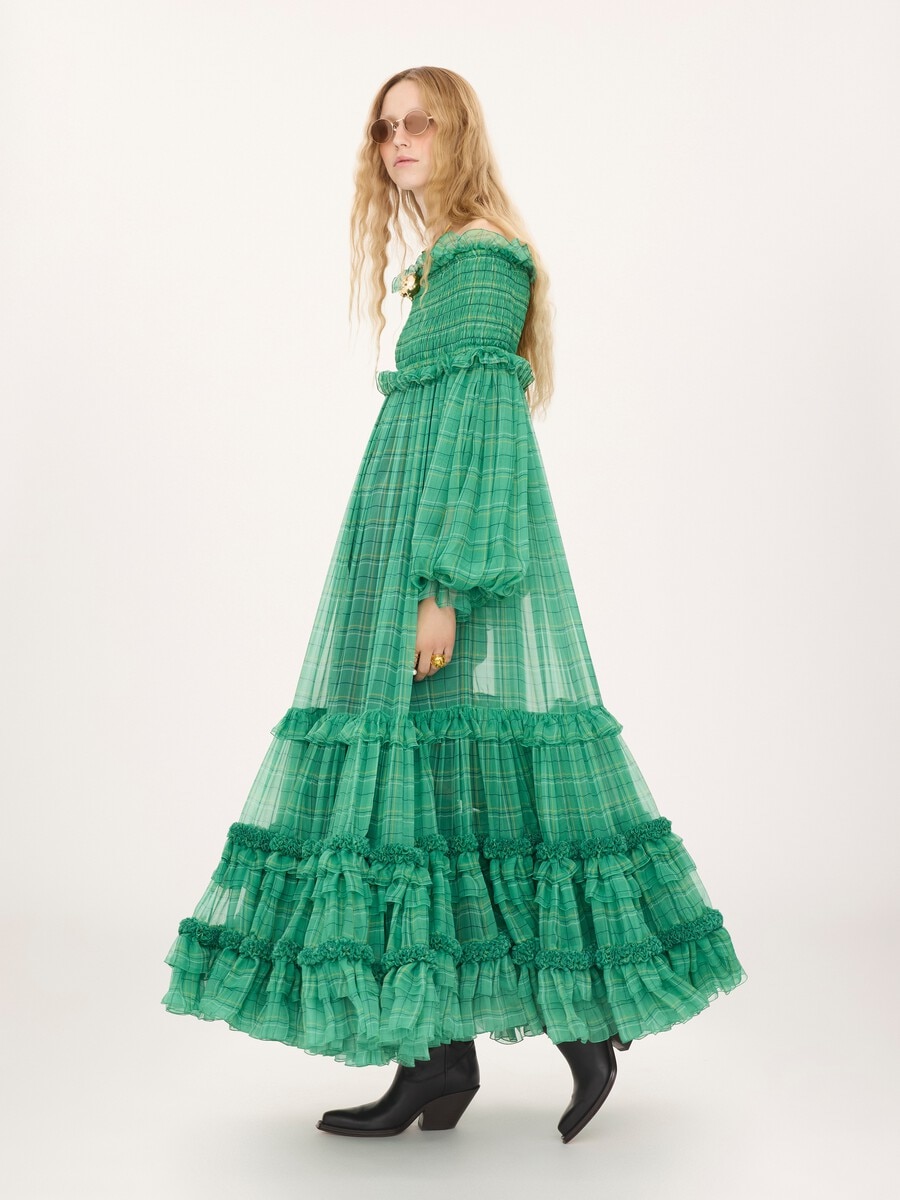 Off-the-shoulder long dress in check silk mousseline - 6