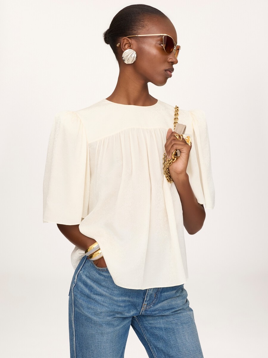Top fruncido con cuello redondo de jacquard de seda - 4