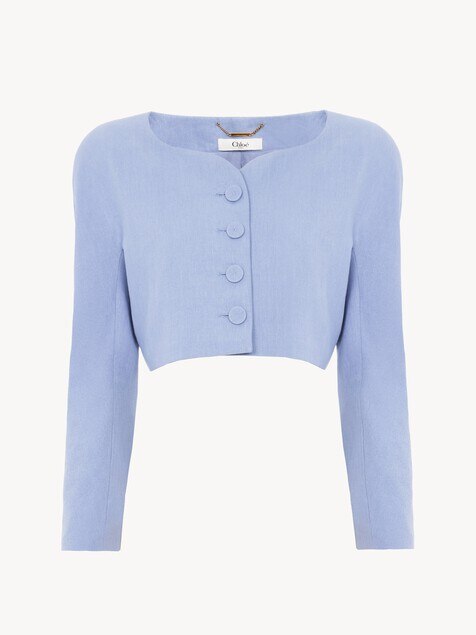 Cropped collarless jacket in linen cr&ecirc;pe