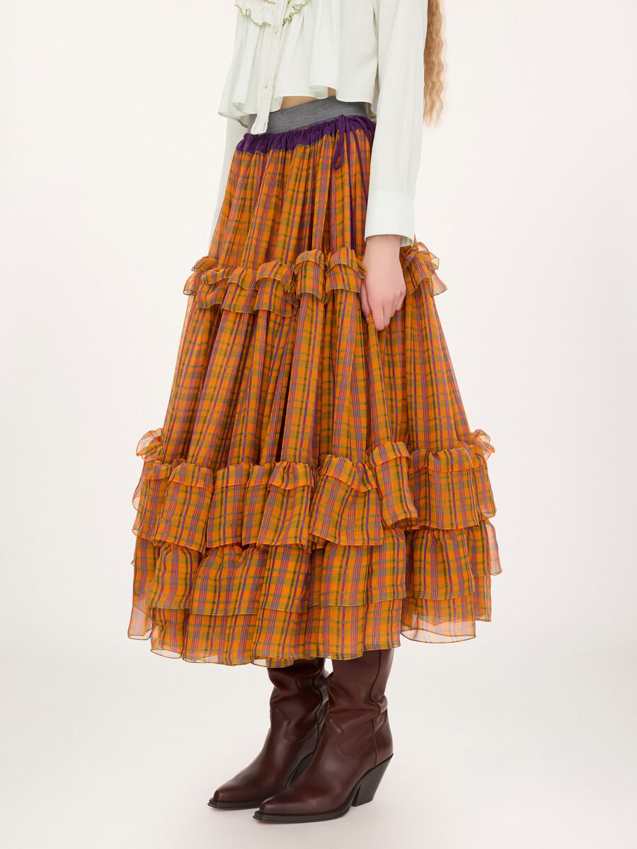 Ruffled long skirt in check silk mousseline - 3