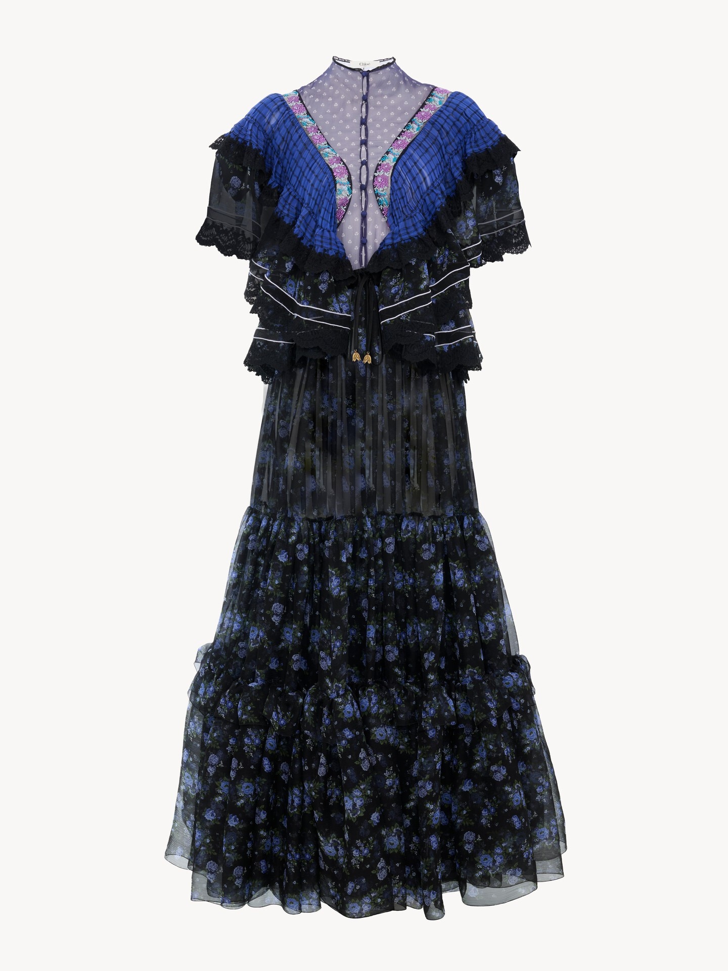 Ruffled long dress in silk mousseline & lace - 2.0