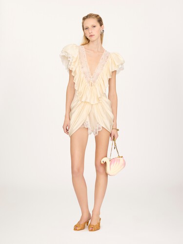 V-neck short jumpsuit in washed silk satin & lace - 3