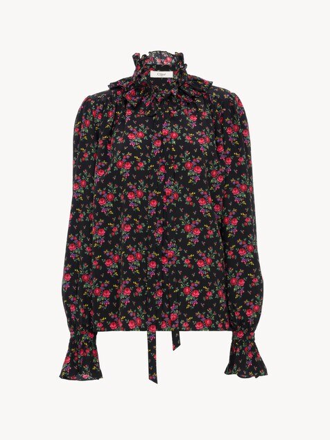 Blouse lavalli&egrave;re &agrave; volants en cr&ecirc;pe de chine