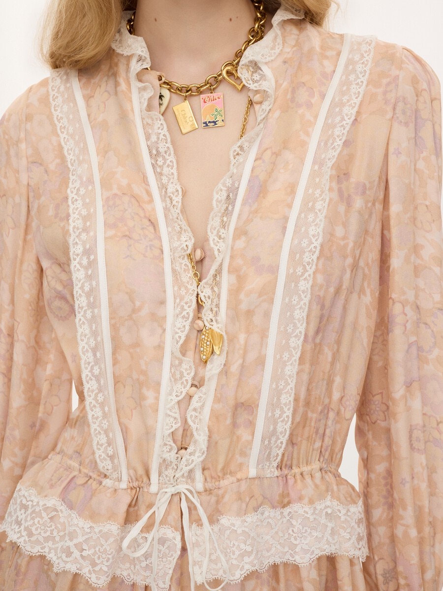 Puff-sleeve mini dress in silk charmeuse & lace - 6
