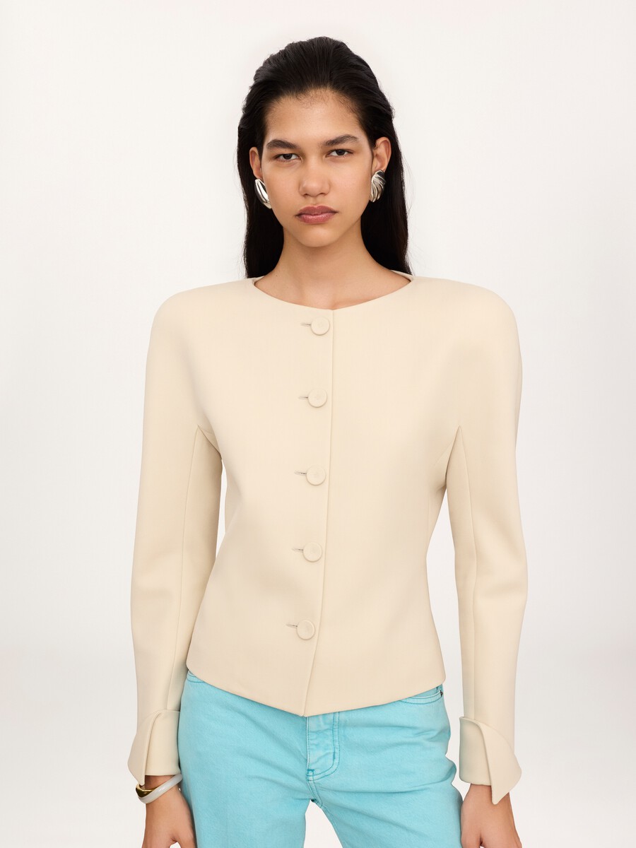 Collarless fitted jacket in wool grain de poudre - 3