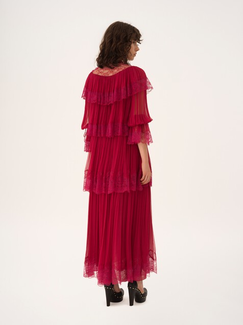 Long ruffled dress in silk mousseline & lace