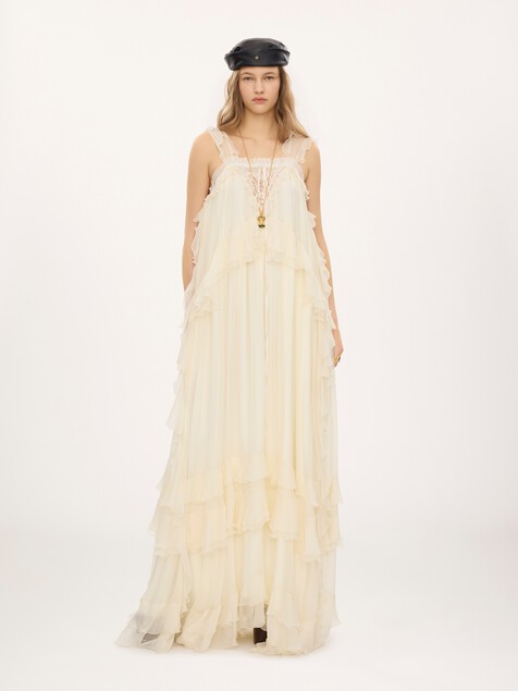 Sleeveless layered long dress in silk mousseline & lace
