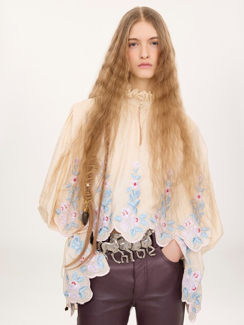 High-neck puff-sleeve top in technical taffeta