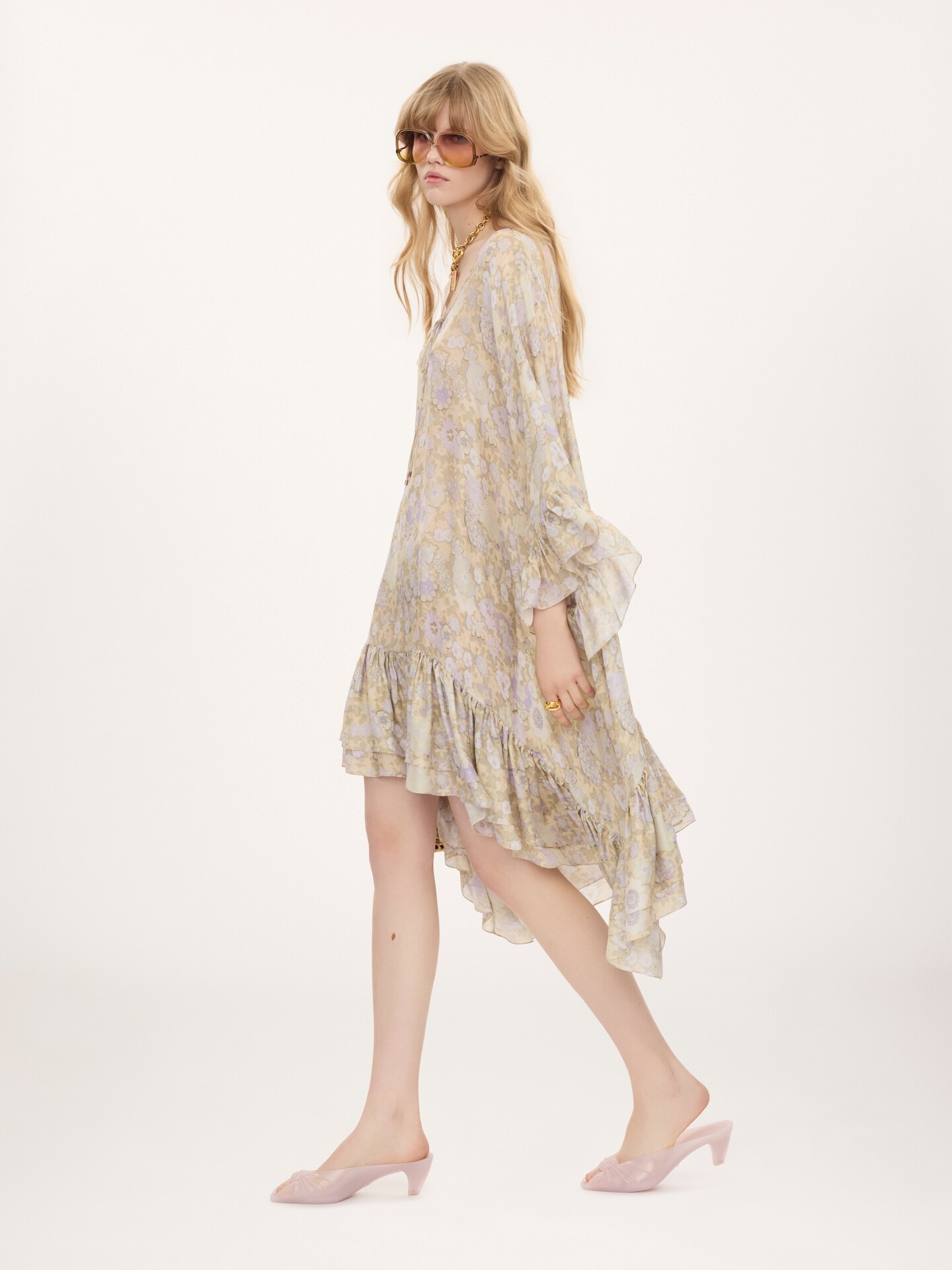 Knee-length ruffled kaftan in silk charmeuse - 4.0