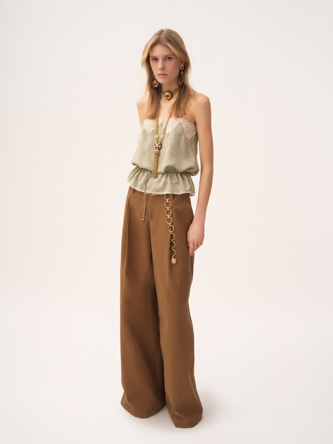 Drawstring camisole top in silk jacquard & lace