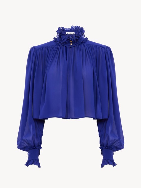 Maxi gathered high-neck top in silk georgette