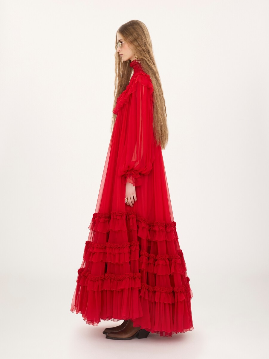 High-neck ruffled long dress in silk mousseline - 4