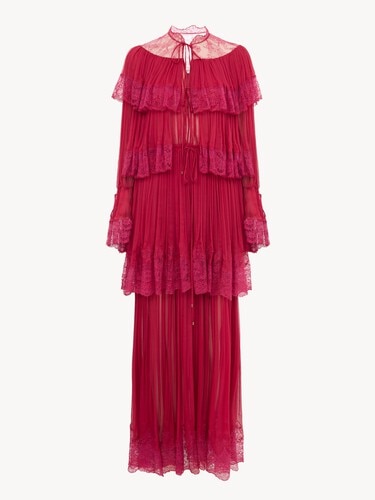 Long ruffled dress in silk mousseline & lace - 2