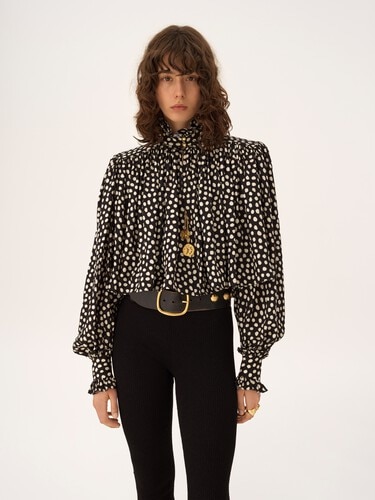 Maxi gathered high-neck top in silk jacquard - 6