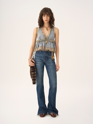Tie-front sleeveless top in washed silk satin & lace - 3