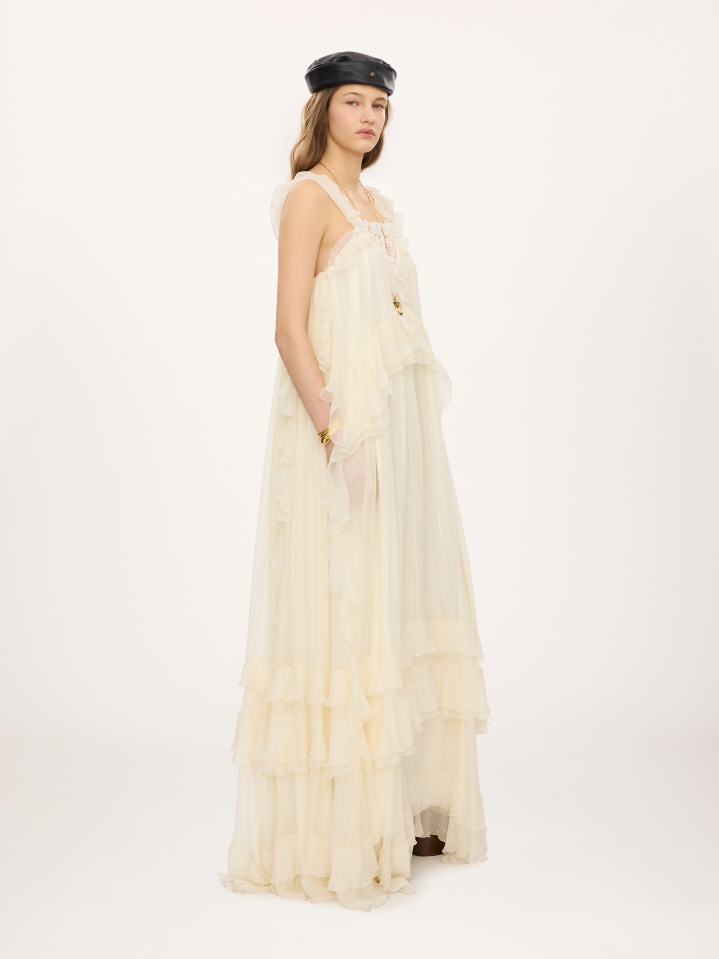 Sleeveless layered long dress in silk mousseline & lace - 4.0