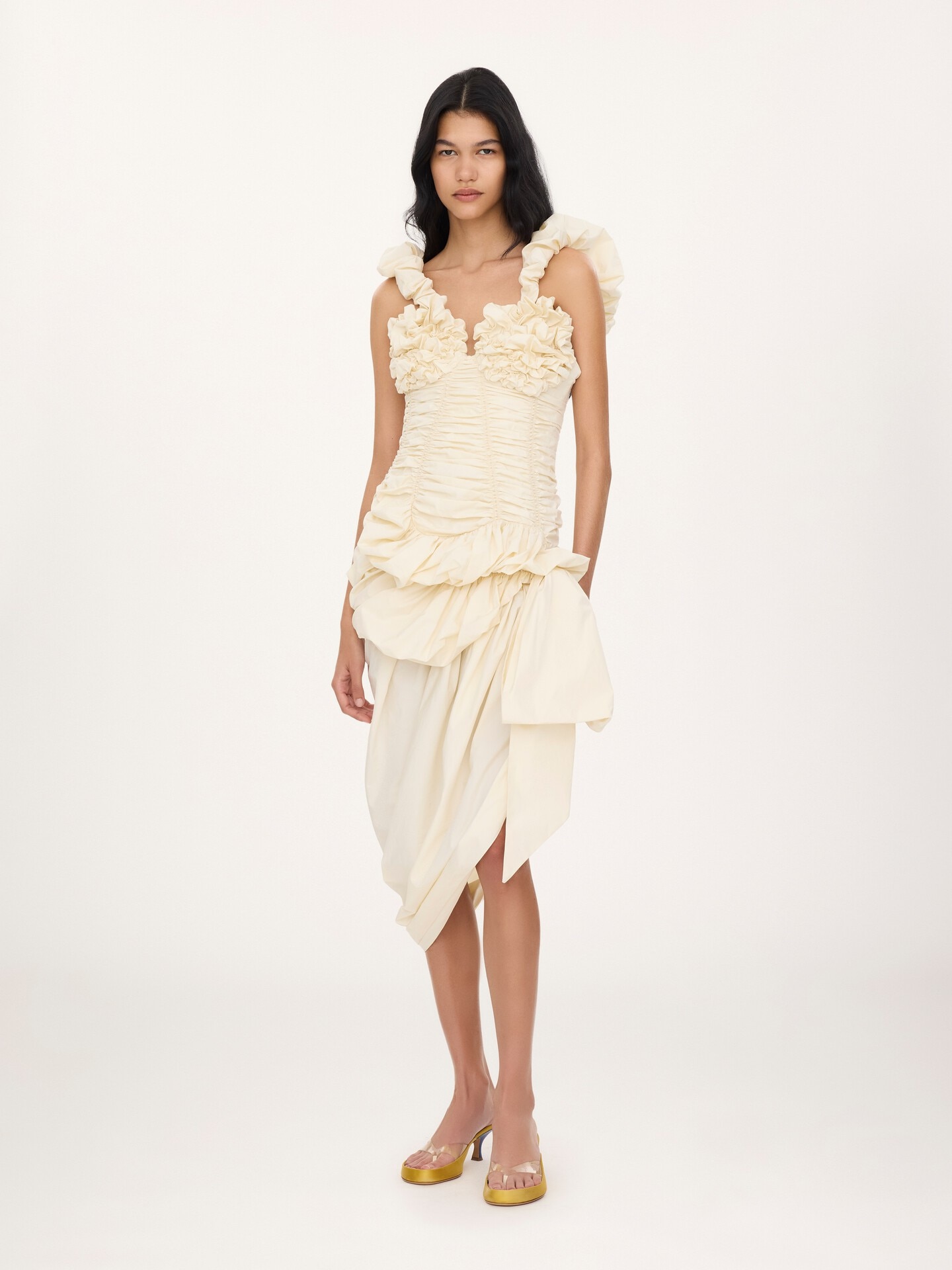 Ruched bustier midi dress in cotton poplin - 1.0