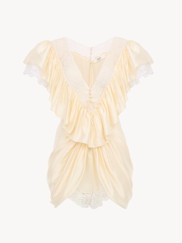 V-neck short jumpsuit in washed silk satin & lace - 2