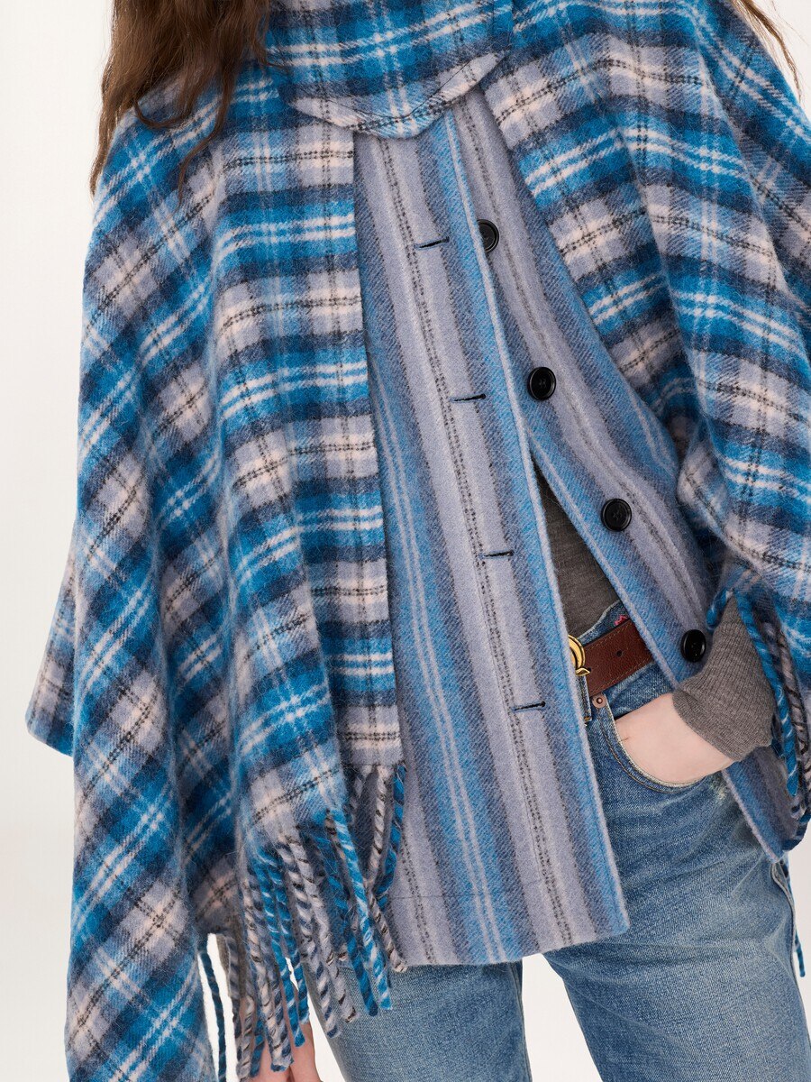 High-neck short cape coat in check wool & alpaca - 5