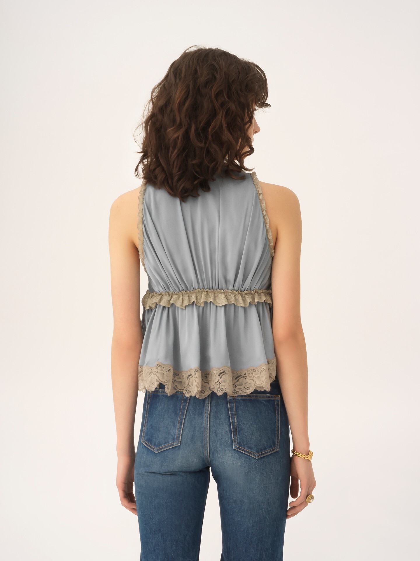 Tie-front sleeveless top in washed silk satin & lace - 4.0