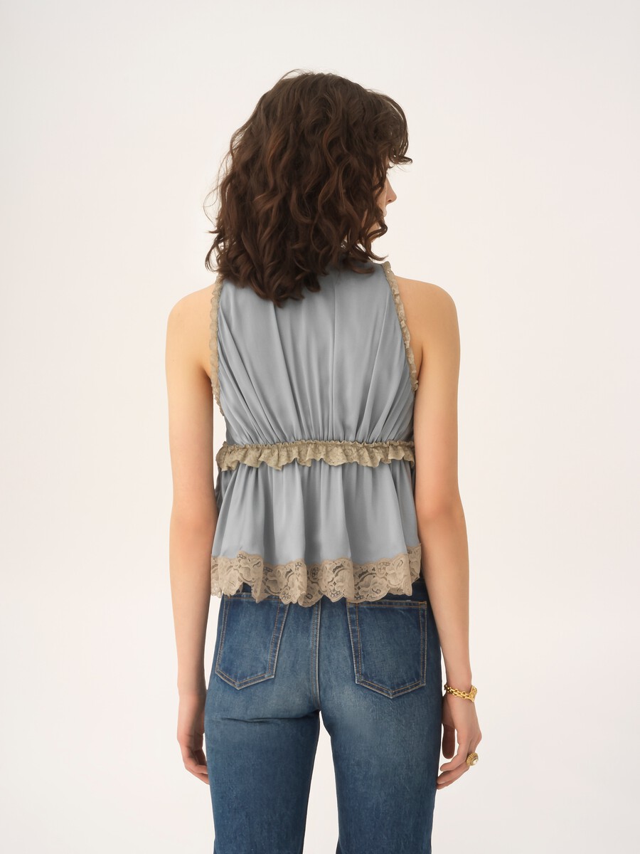 Tie-front sleeveless top in washed silk satin & lace - 4