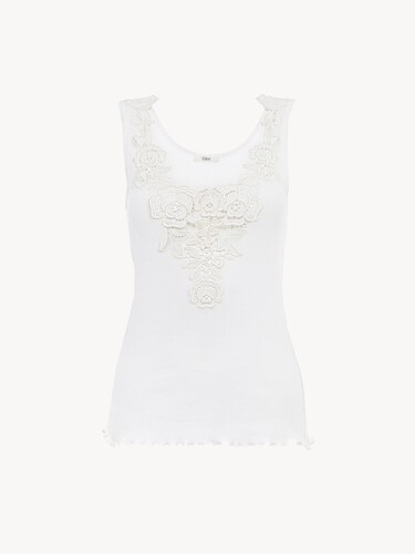 Fitted tank top in cotton jersey & guipure - 2