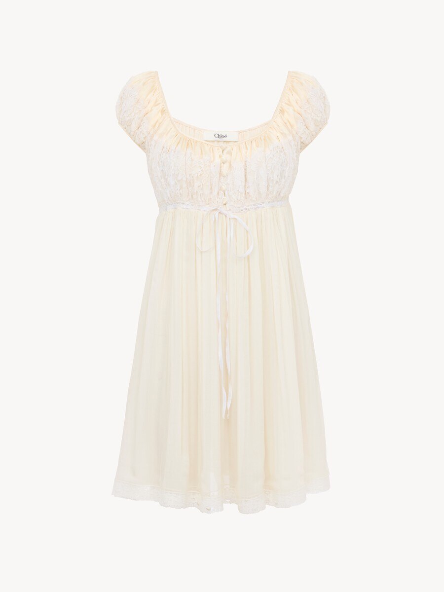 Short-sleeve mini dress in silk mousseline & lace - 2
