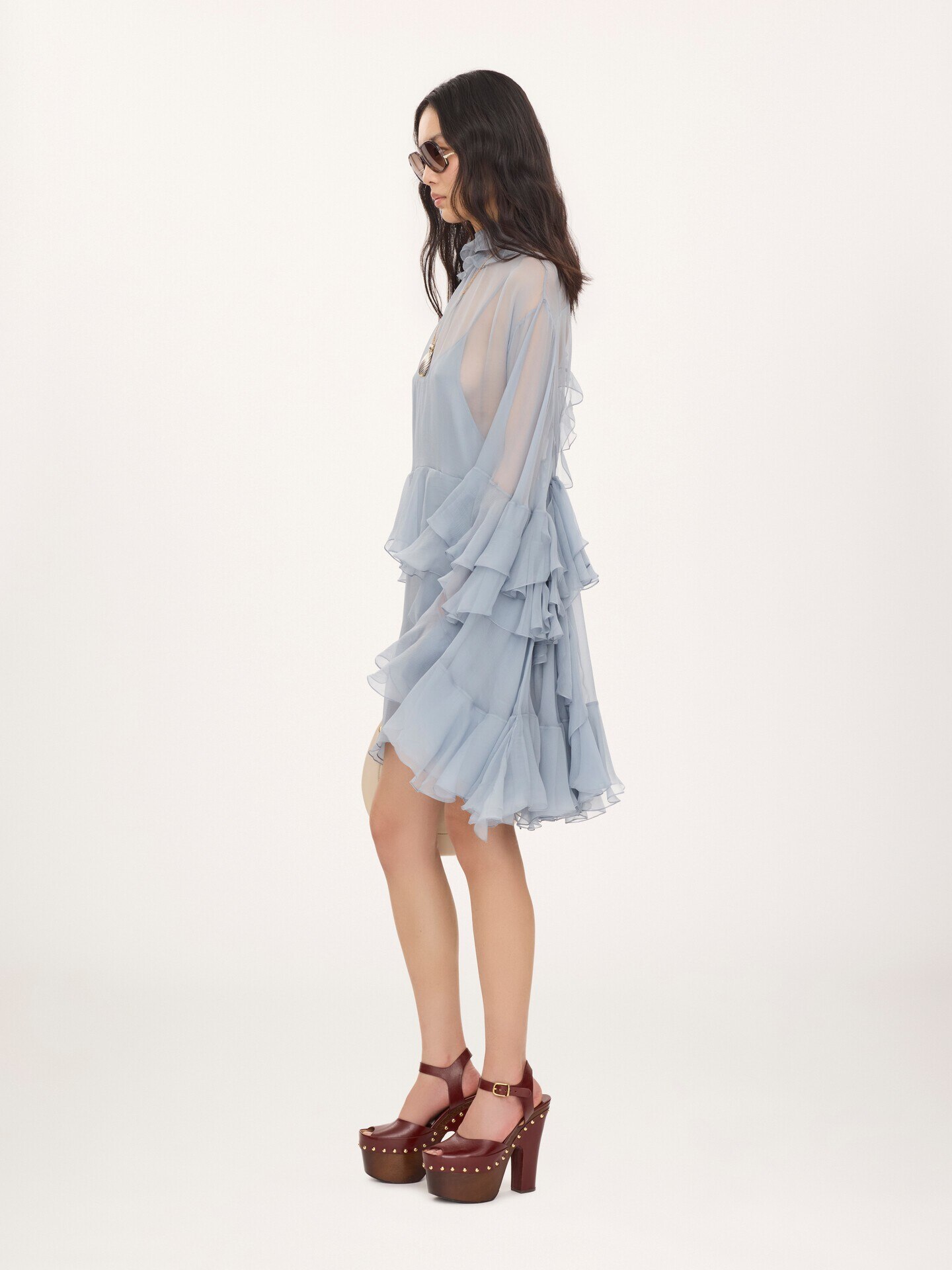 Ruffled mini dress in silk mousseline - 6.0
